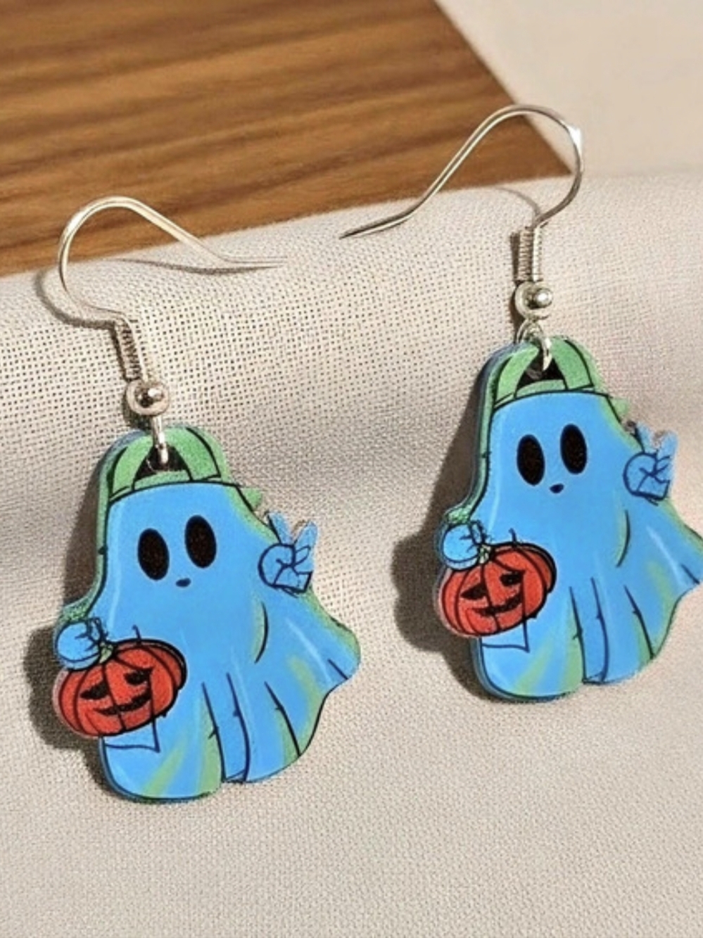 Ghost Pumpkin Halloween Dangle Earrings in Blue & Green